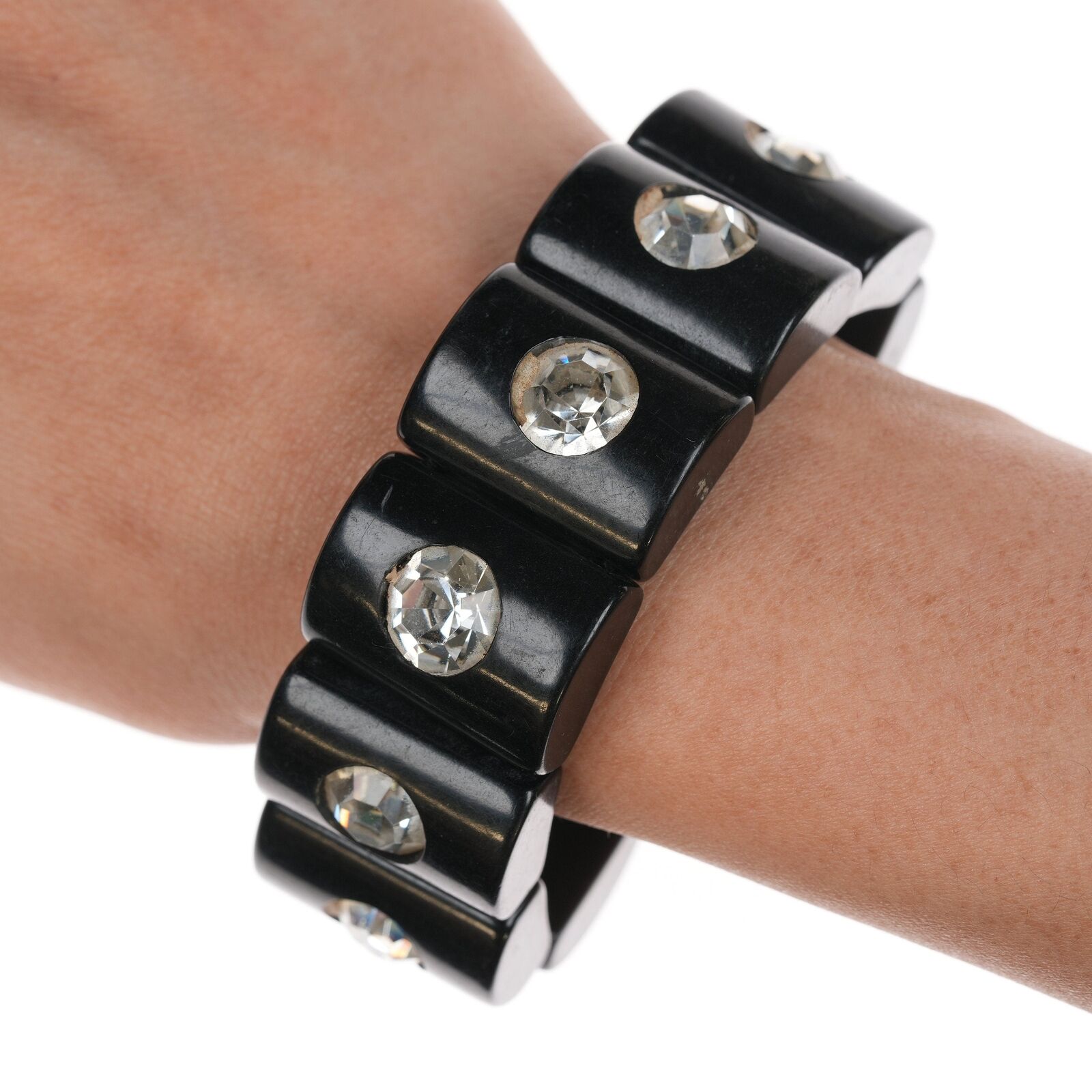 c1940's Bakelite Black jeweled stretch bracelet
