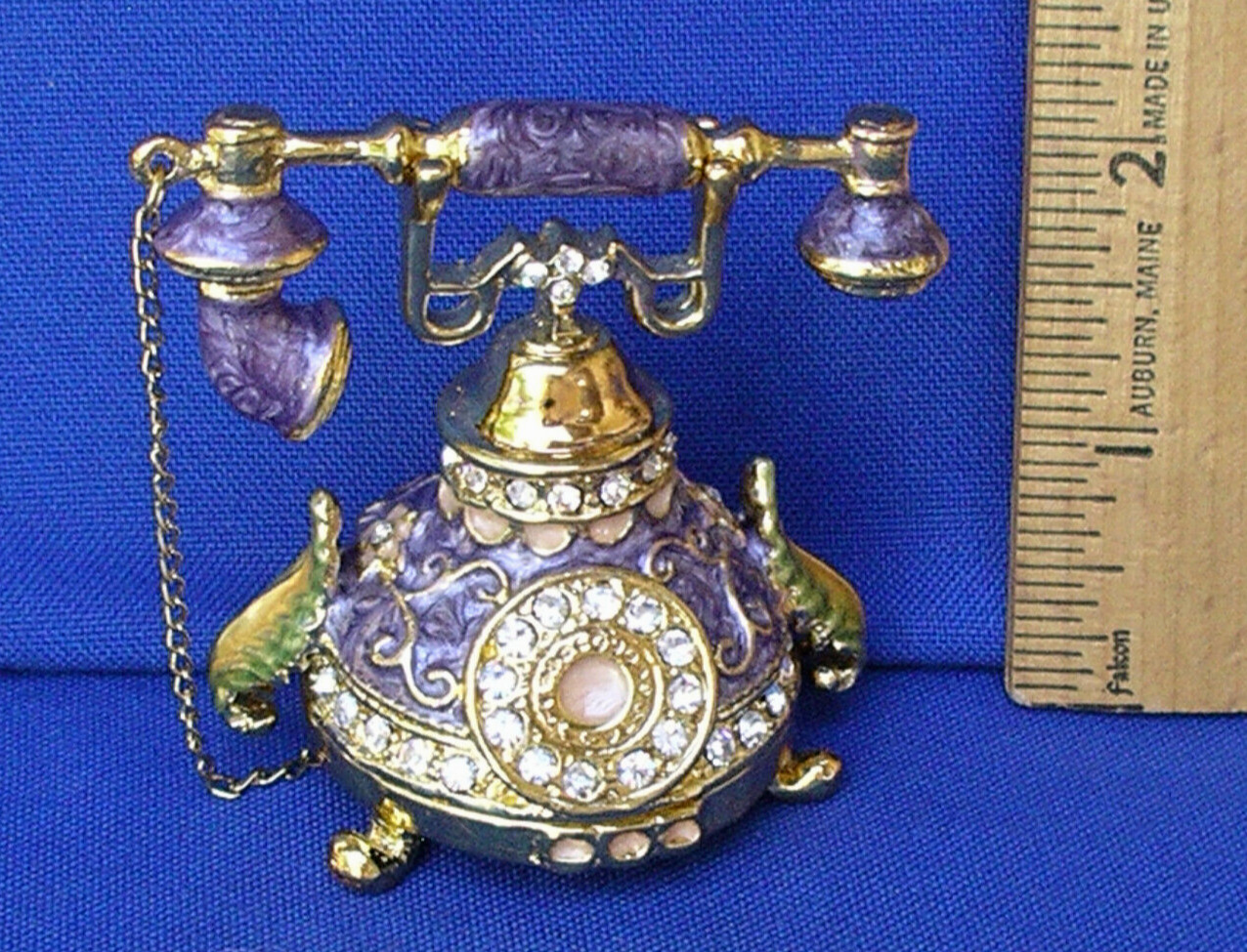 VTG Telephone Trinket Box Hinged Enamel Hand made Jewelry Purple Signed Sorrele