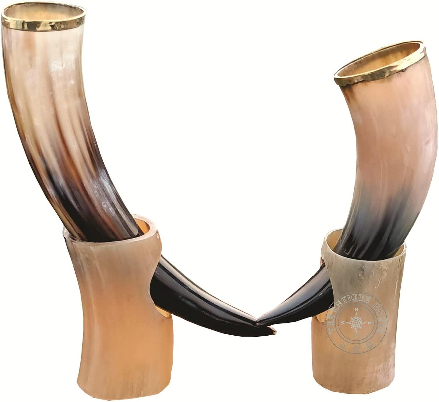 Set of Two Antique Style Horn with Stand Viking Style Beer