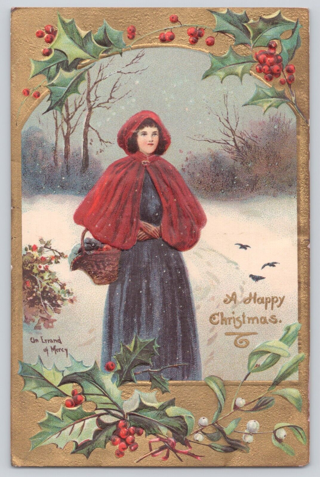 Postcard Happy Christmas Red Riding Hood Errand Of Mercy Embossed Antique 1910