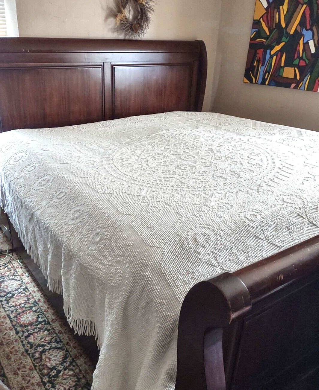 Stunning Vintage All White Chenille Bedspread 90