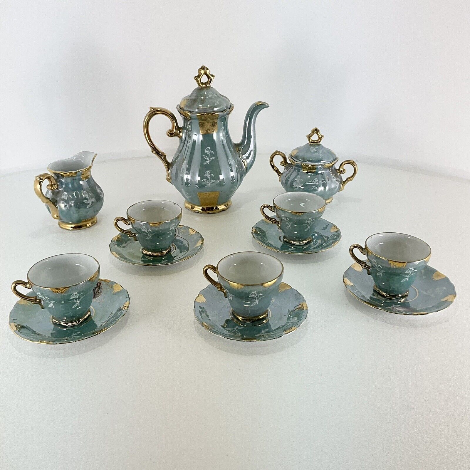 Vintage Royal Sealy Japan Iridescent Lustre Courting Couple Tea Set Blue Japan