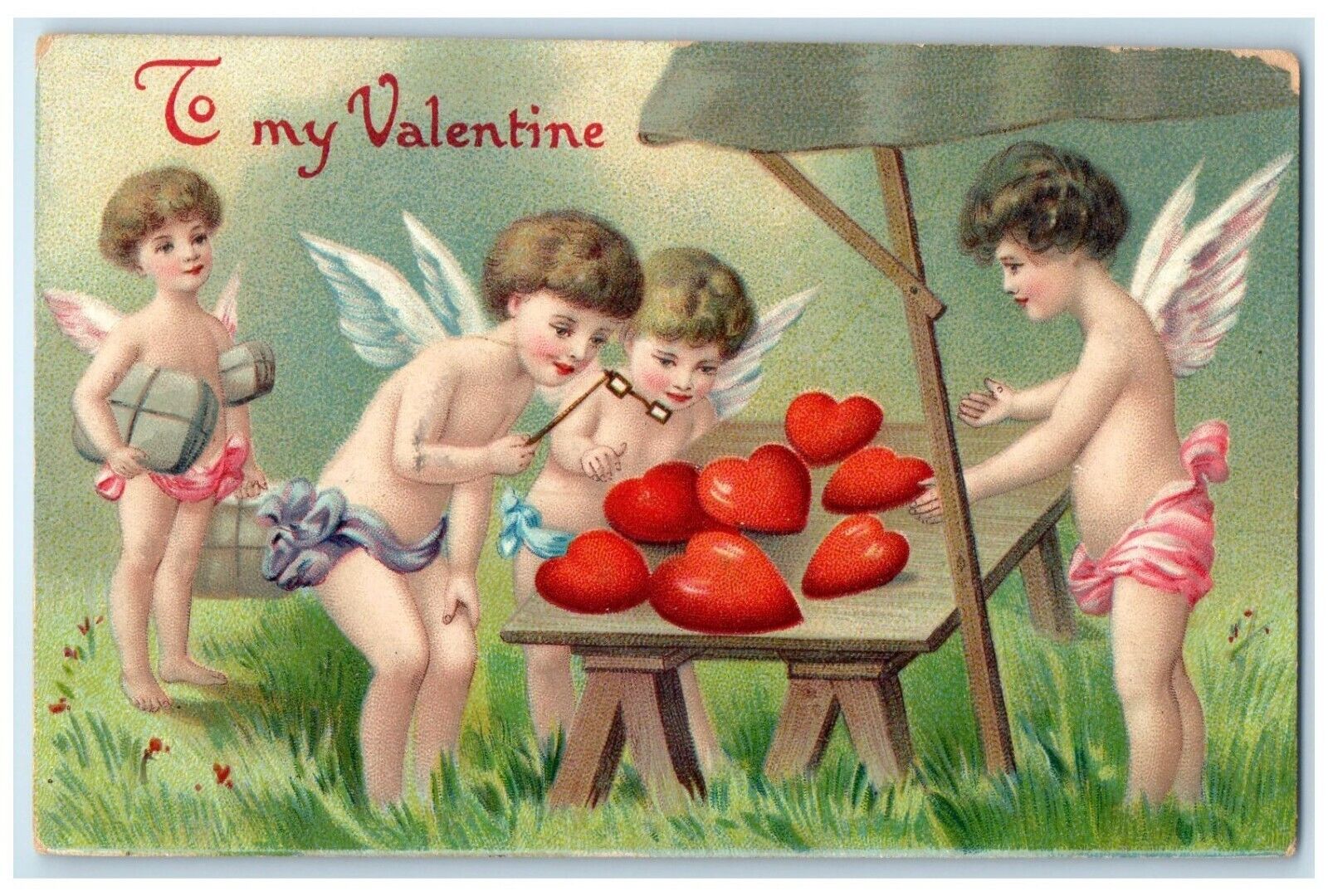 c1910's Valentine Cupid Angels Hearts Embossed Unposted Antique Postcard