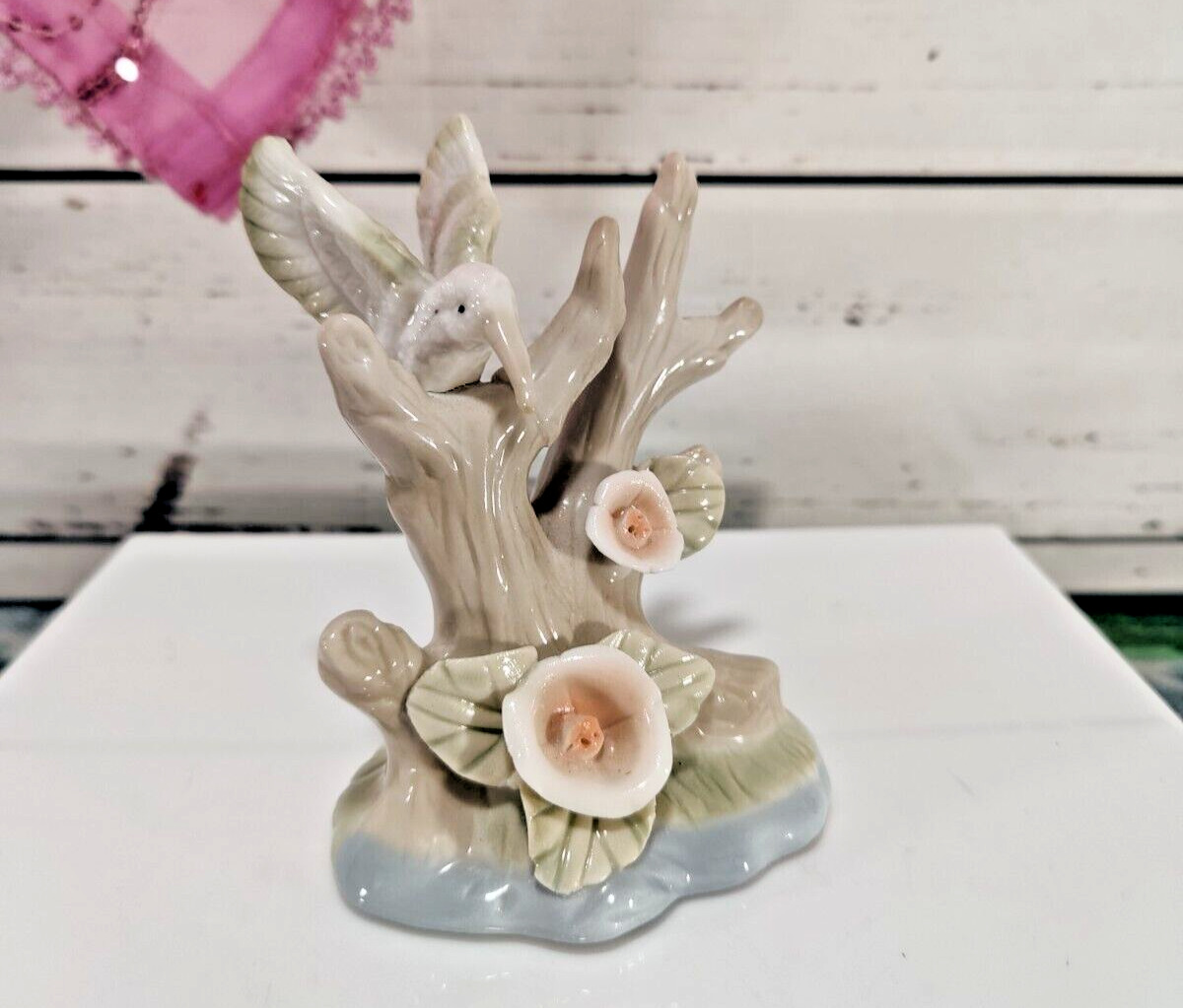 Vintage Porcelain Hand Painted Hummingbird in Tree with Pink Flowers