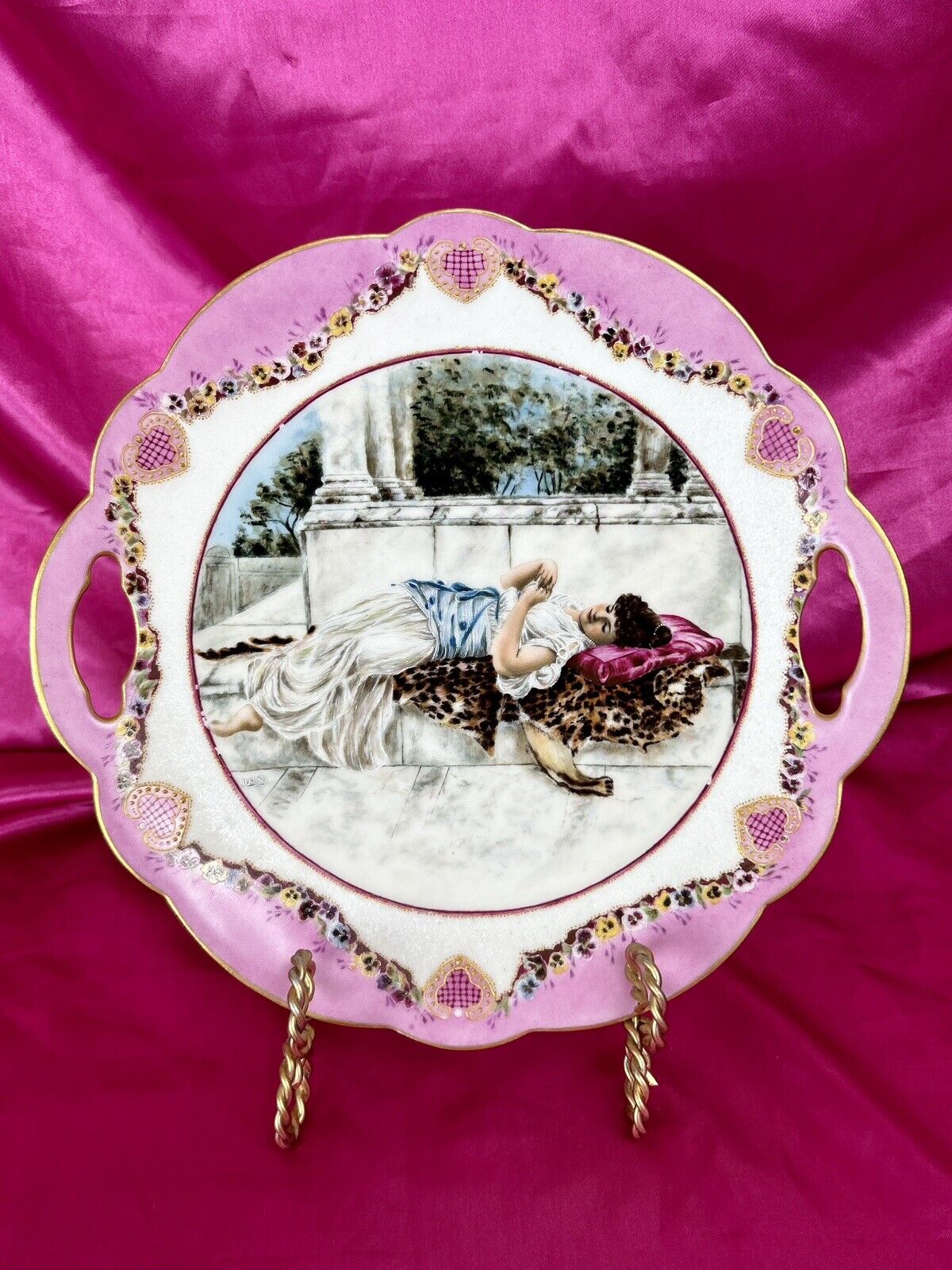 Limoges Pink Plate Hand Painted Portrait Woman w/Engagement Ring Romance Signed
