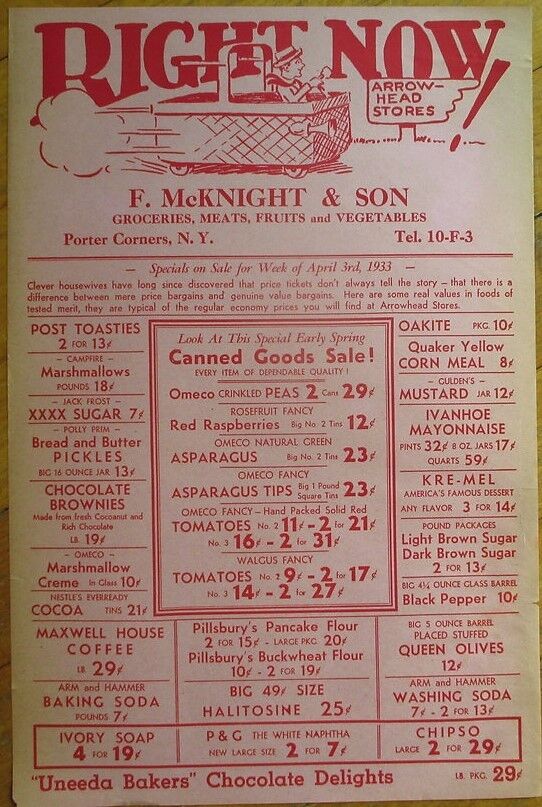 Grocery 13 Advertising 1933 Graphic Posters/Flyers - Porter Corners/Saratoga, NY