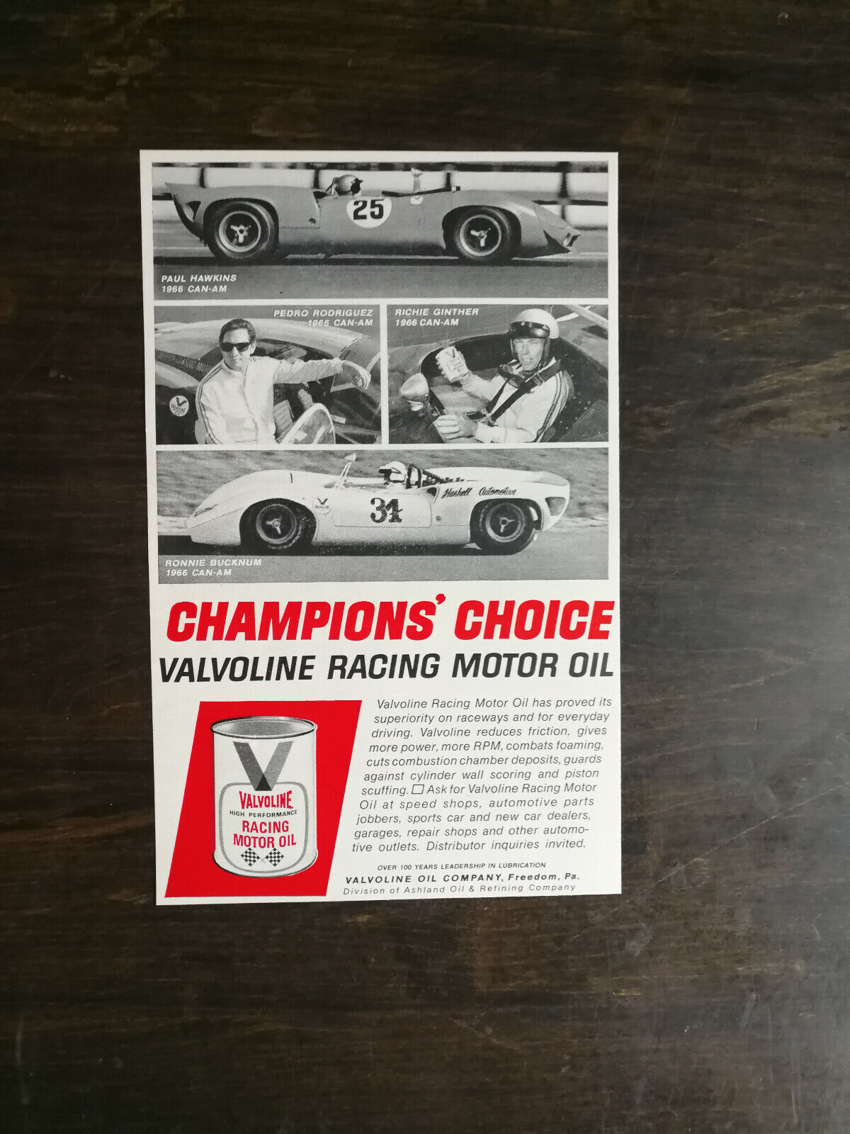 Vintage 1967 Valvoline Racing Motor Oil Champion\'s Choice Original Ad