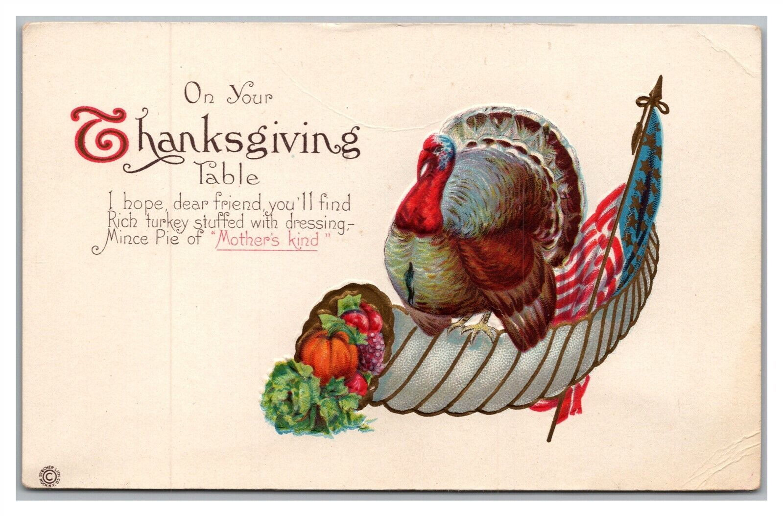 Postcard On Your Thanksgiving Table Turkey Patriotic Flag c1917 M18