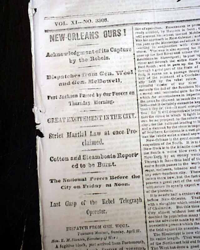 Historic CAPTURE OF NEW ORLEANS LA Louisiana Butler Civil War MAP 1862 Newspaper