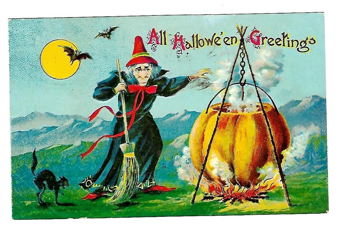 c1910 Halloween Postcard Witch Brewing Potion in Pumpkin, Black Cat, Bats