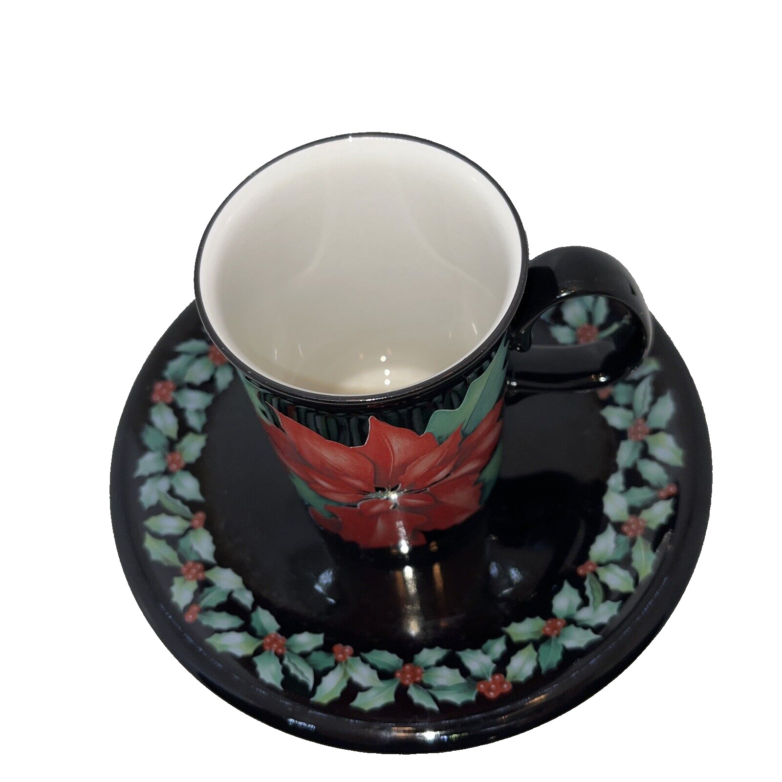 Dunoon Black Poinsettia Teacup & Saucer Set Stoneware Carolyn Bessy Scottland