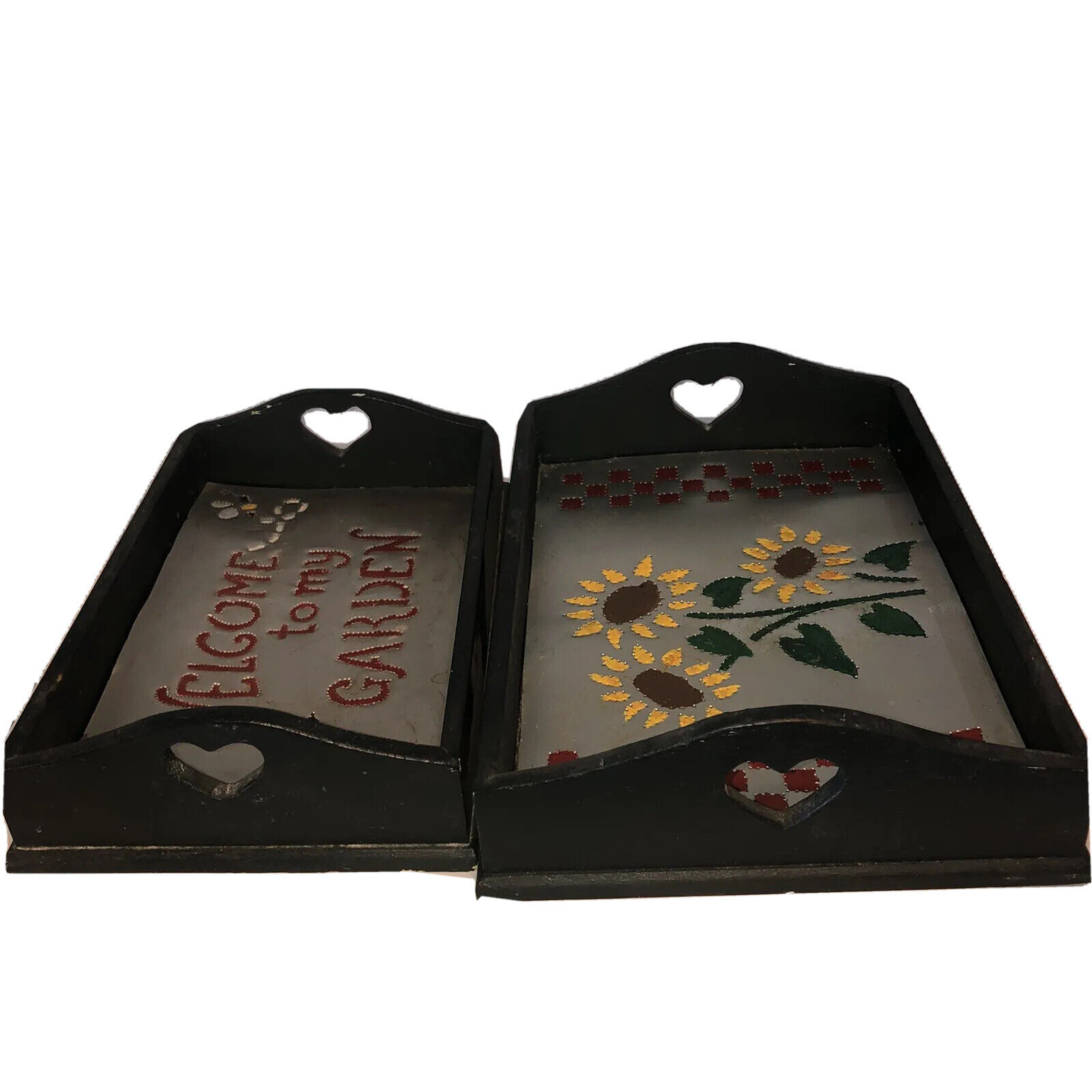 Adorable Vintage  Wood And 10 Trays With Hearts Sunflowers Welcome Garden Fun