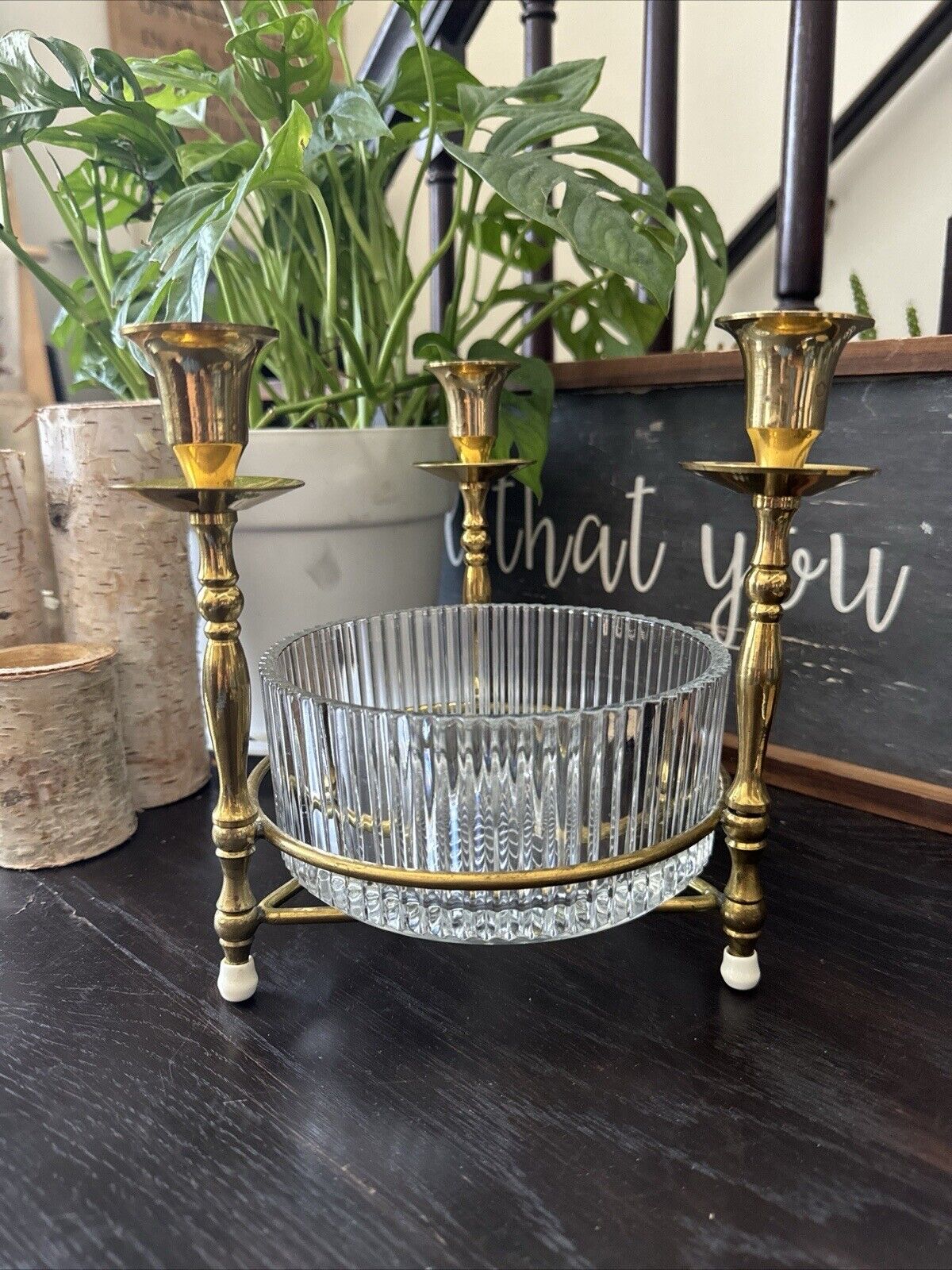 VTG Triple Brass Candle Holder w/  Centerpiec Glass Dish