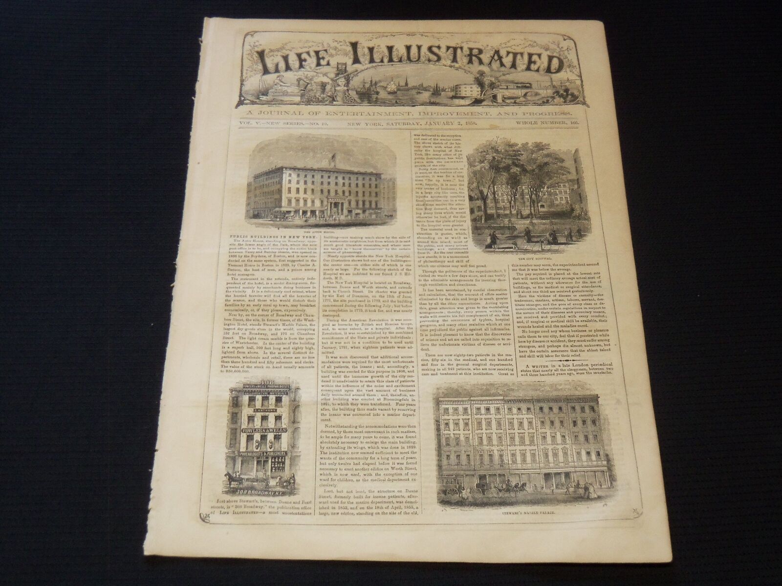1858 JANUARY 2 LIFE ILLUSTRATED NEWSPAPER - PUBLIC BUILDINGS IN NY - NP 5904