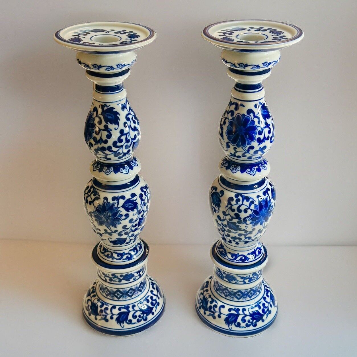 Pair of Bombay Blue and White Chinoiserie Taper Candlestick Holders. Porcelain