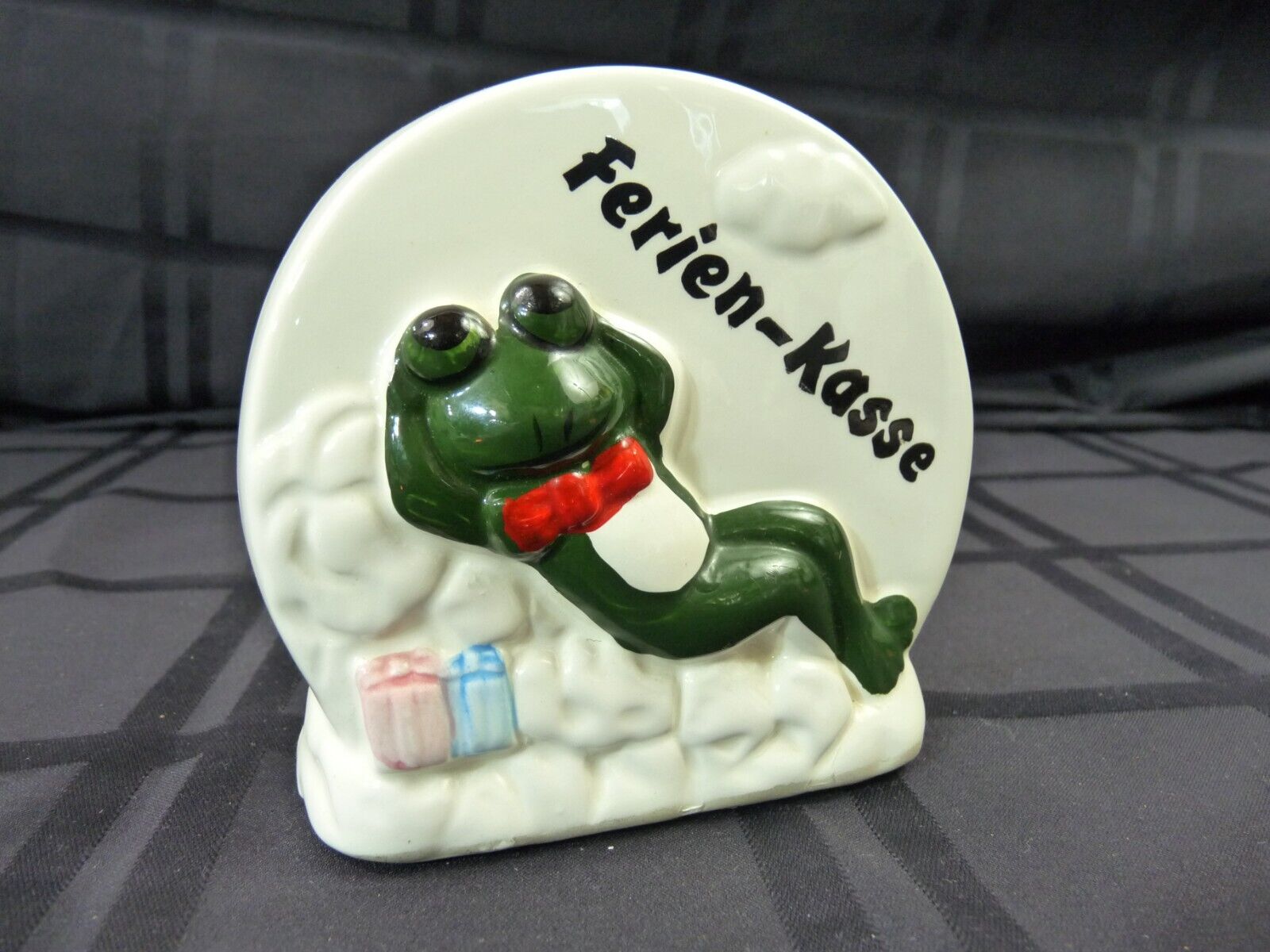 Vintage White Ceramic Hand Painted Toad Frog Coin Piggy Bank