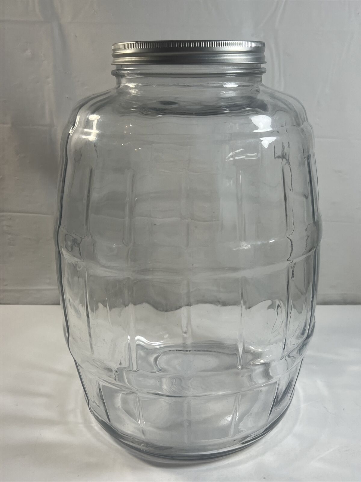 Large Vintage Clear Glass Pickle Jar Keg Barrel Style With Metal Lid 13\