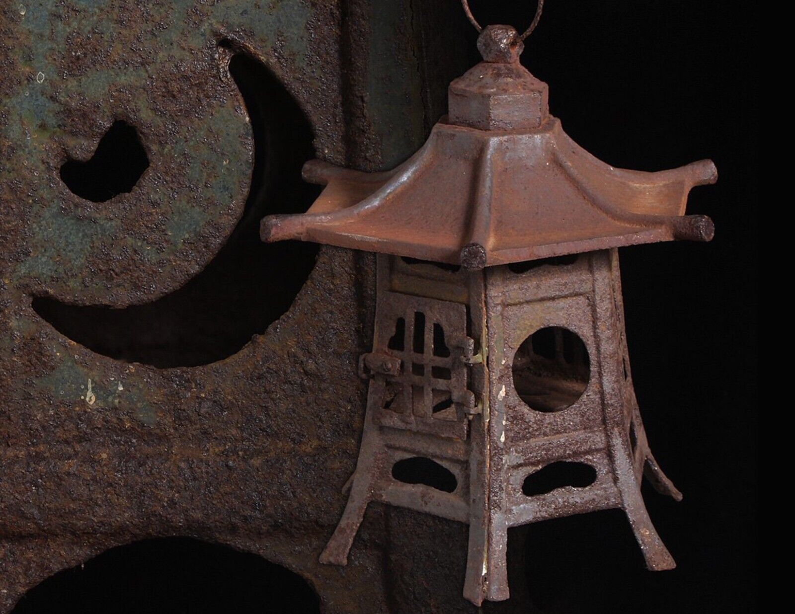 Antique RARE find Hanging iron Lantern, Iron, sun and moon, H 11.5“ Hexagonal