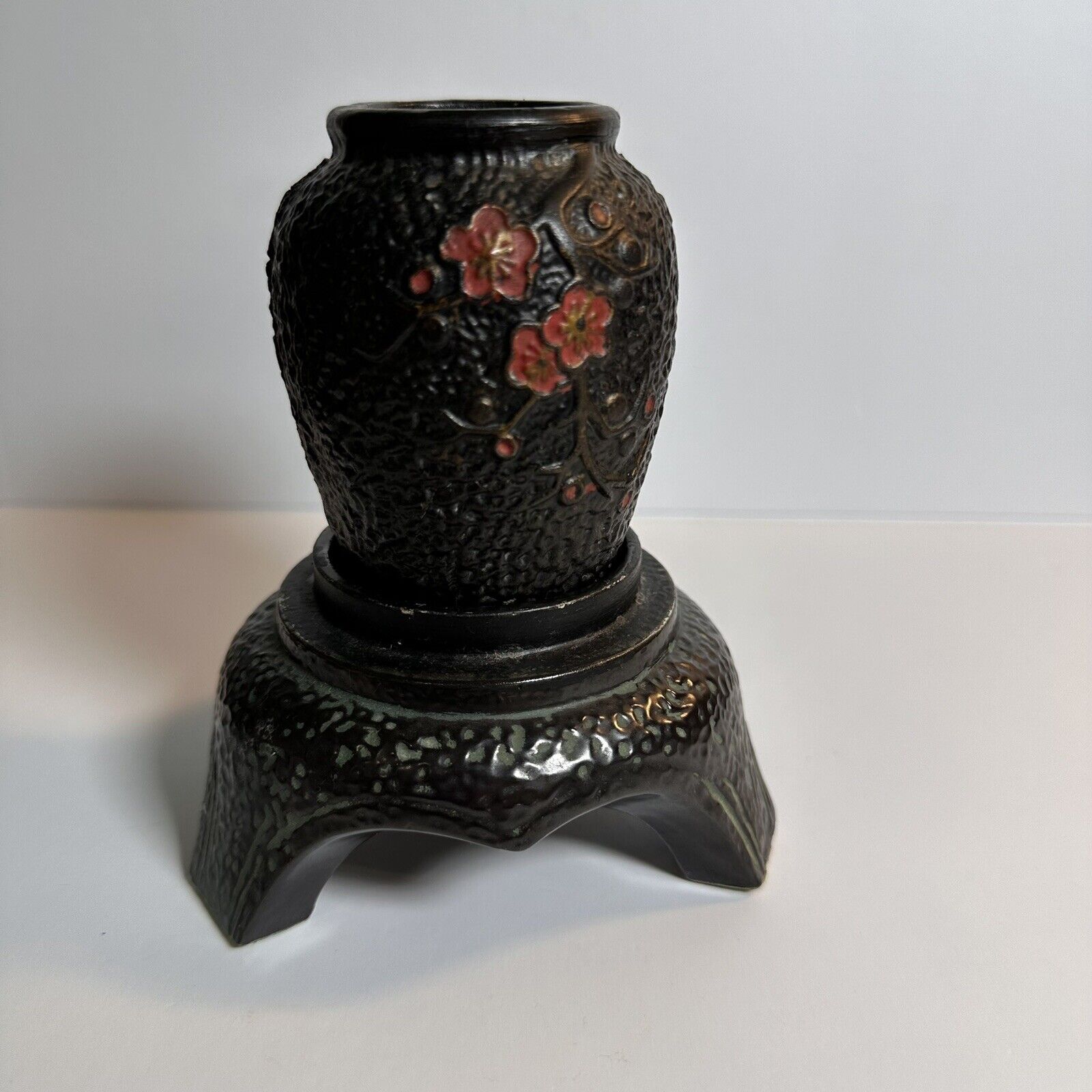 Vintage Black Tokanabe Vase with Base 1930\'s Japanese Pottery 5.25\