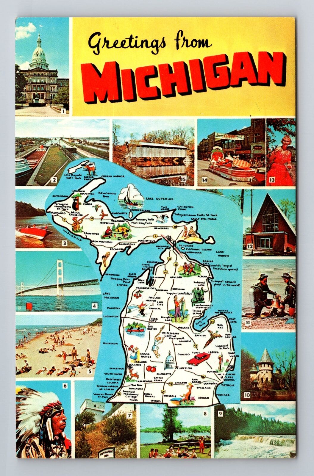 MI-Michigan, General Greetings, State Map, Landmarks, Vintage Souvenir Postcard