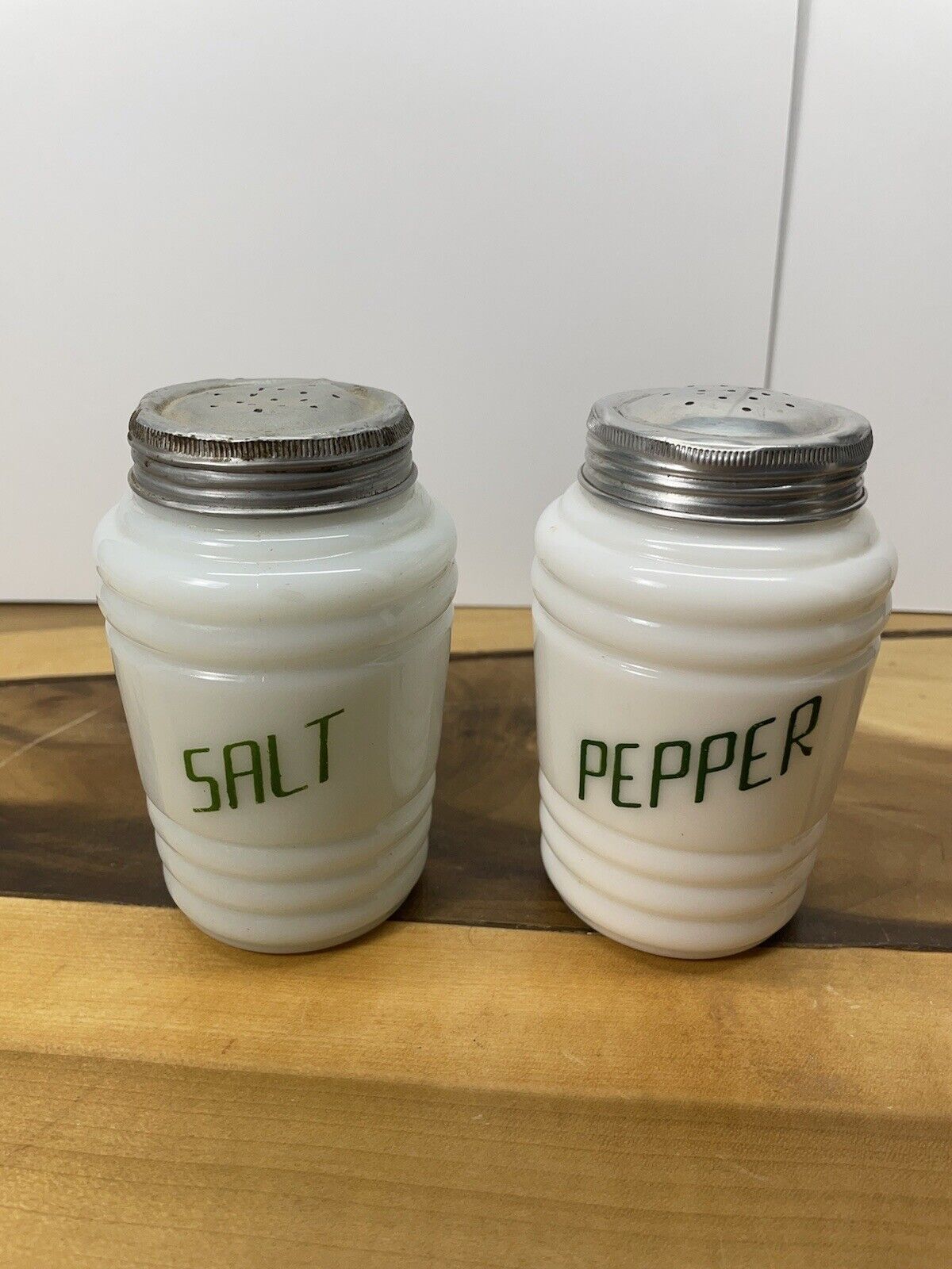 Vintage Hazel Atlas Beehive Milk Glass Green Lettering Salt & Pepper Shakers