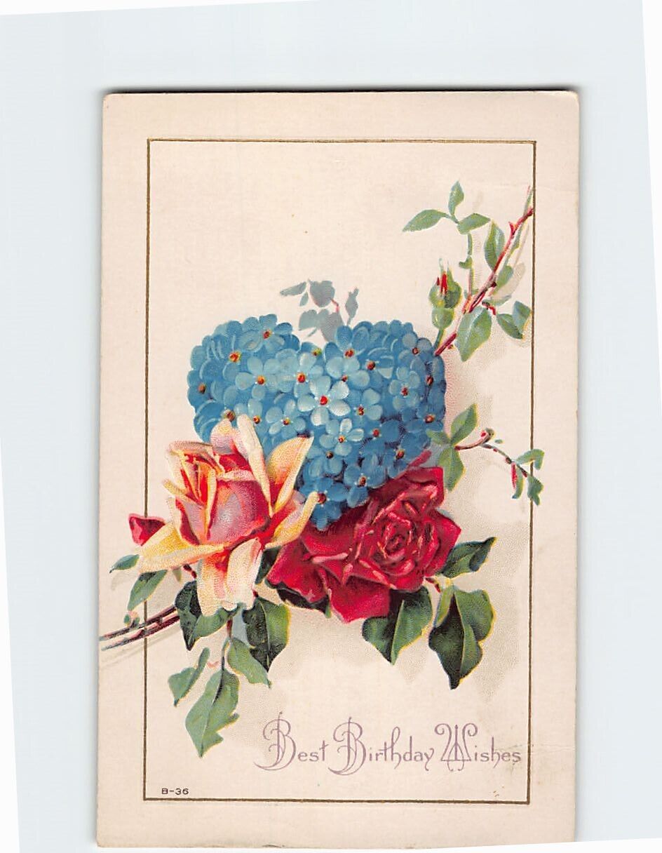 Postcard Best Birthday Wishes Flower Art Print Embossed Card