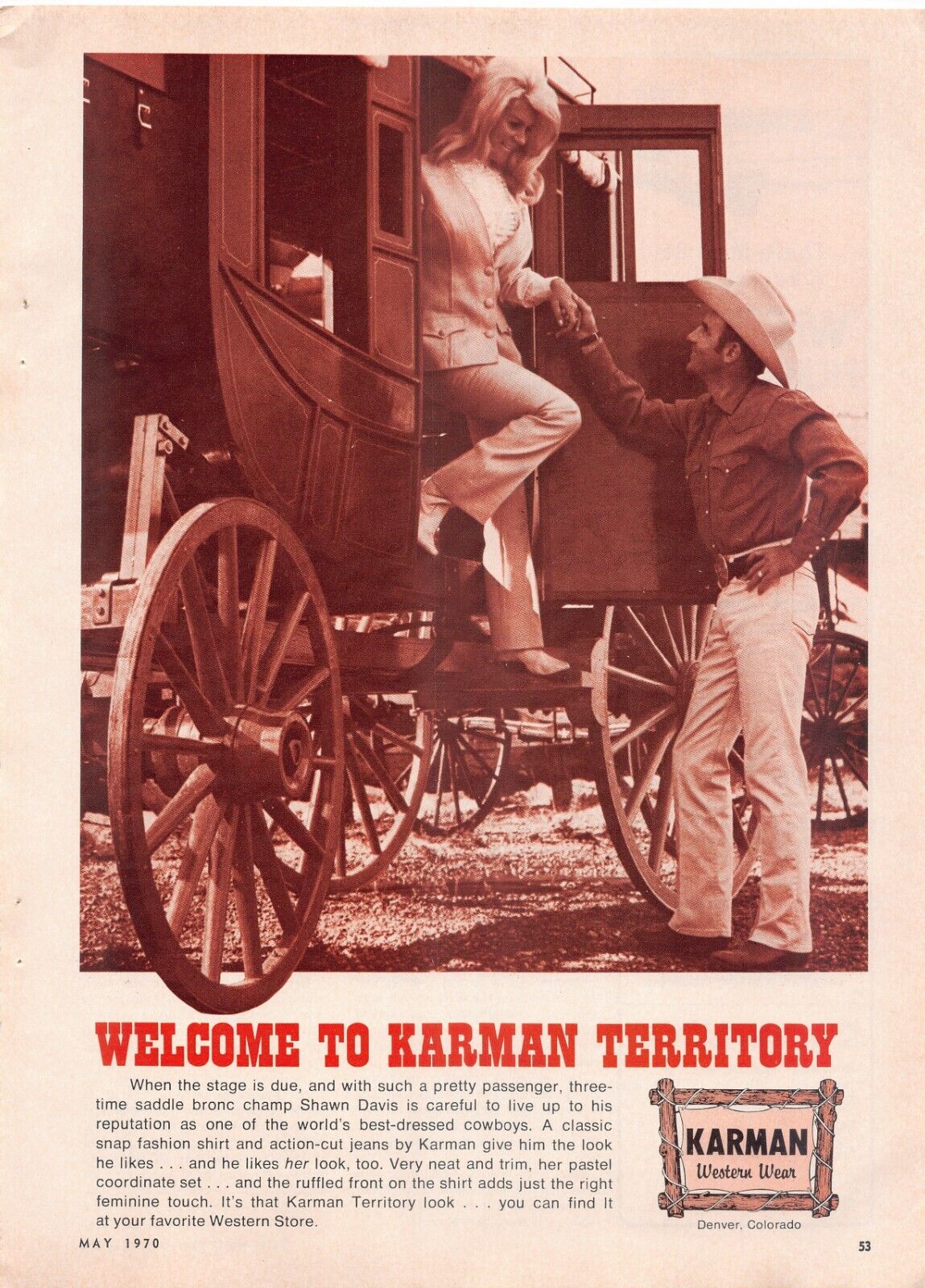 Karman Western Wear Cowboy Horse-Drawn Stagecoach Vintage Magazine Print Ad