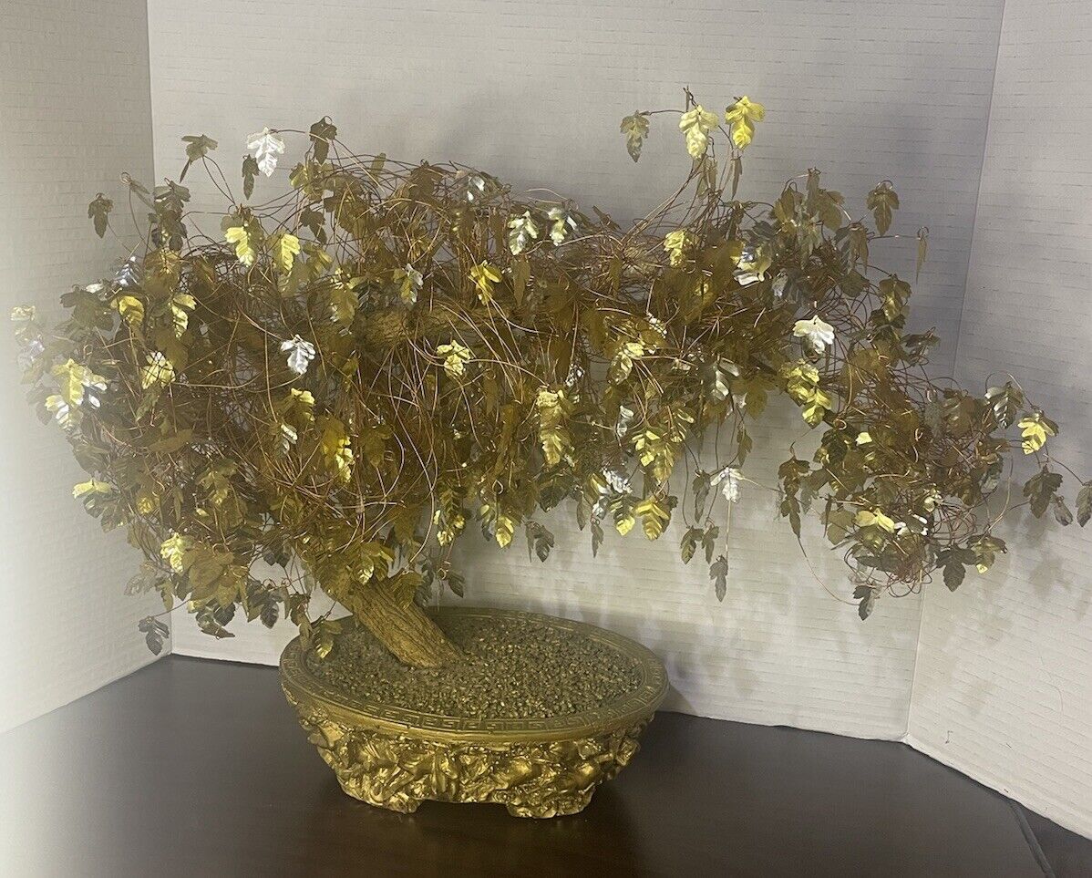 Vintage Mid Century Money Tree Gold Foil Leaves Twisted Wire Bonsai 17”x13”