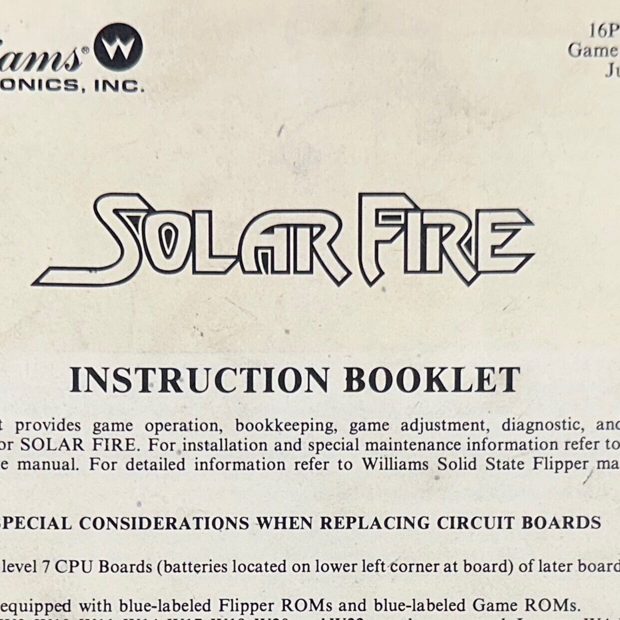 Williams Solar Fire Pinball Machine Game Manual Operators Handbook ORIGINAL