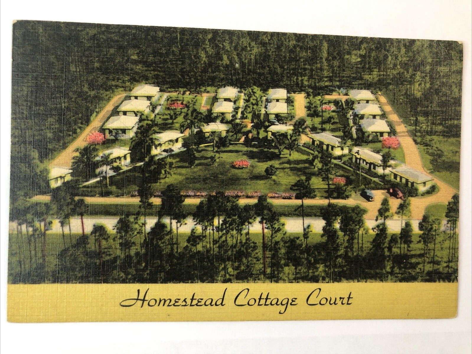 Homestead Florida Postcard HOMESTEAD COTTAGE COURT Aerial View Curteich Linen