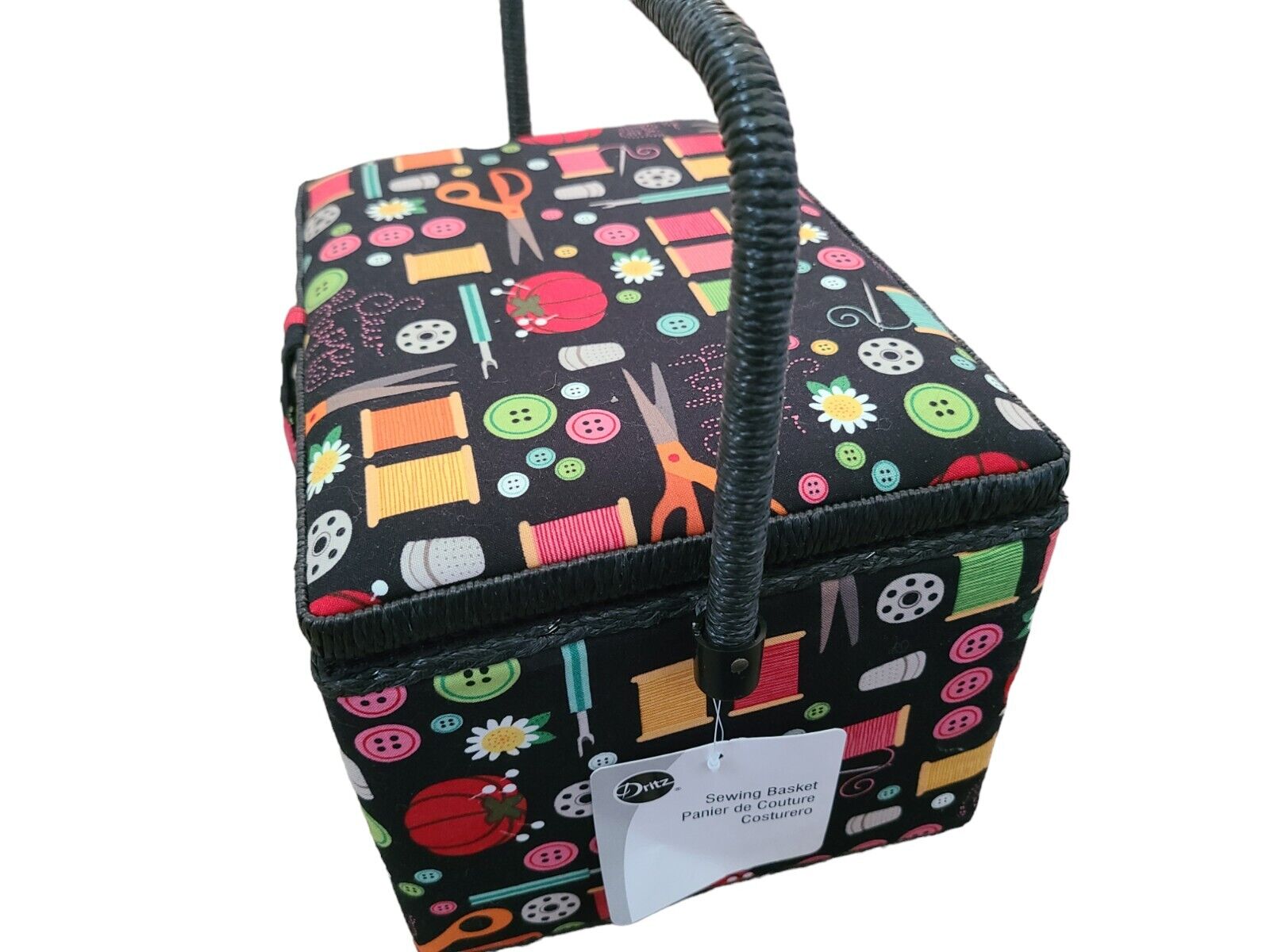 Sewing Basket Box Large Colorful Fabric Wood  Brand New With Tags NWT