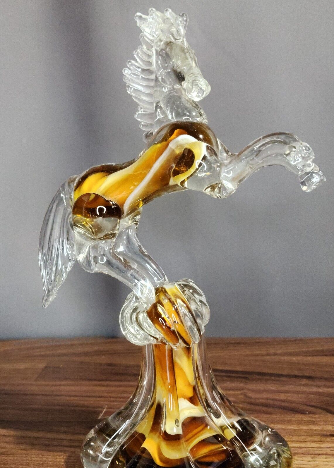 RARE Blown Glass Amber Prancing Horse Figurine Murano Style Studio Ornament
