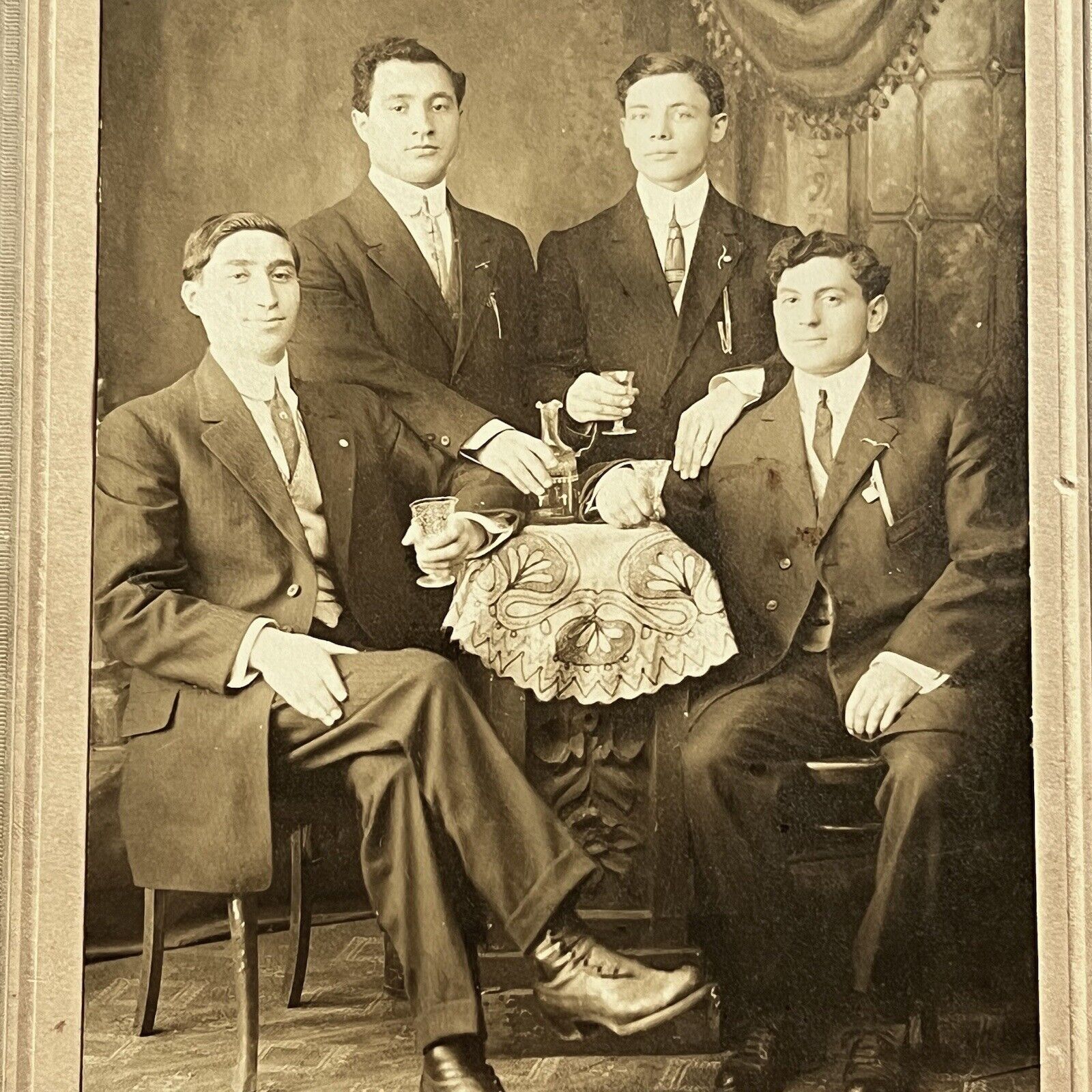 Antique Cabinet Card Photograph Handsome Young Men Drinking Alcohol New York NY