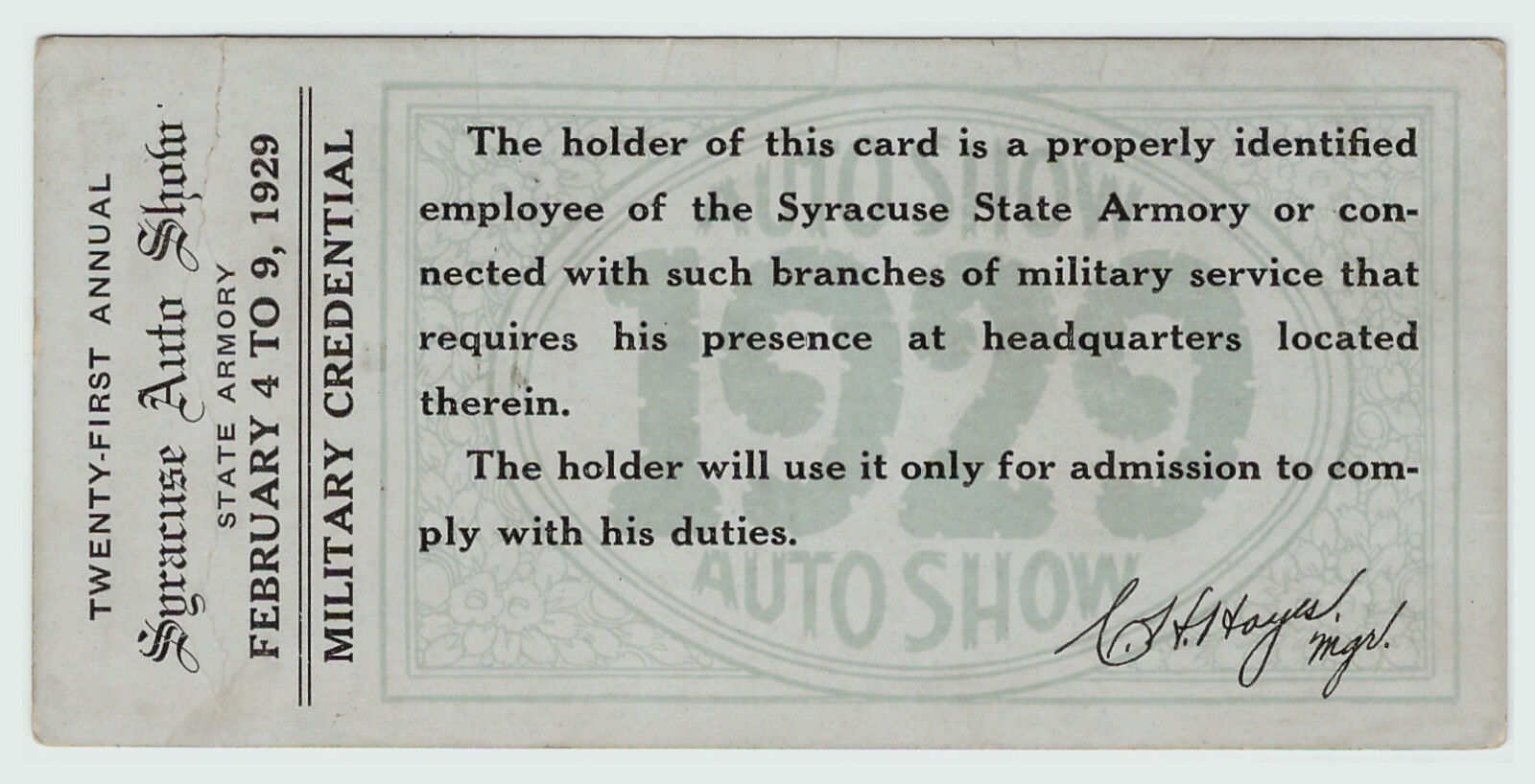 xRARE - 1929 Syracuse NY Auto Car Show Ticket - Military Credential 108th