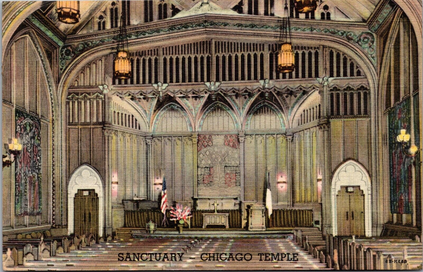 CHICAGO IL Linen Postcard CHICAGO TEMPLE / Church Sanctuary Interior View