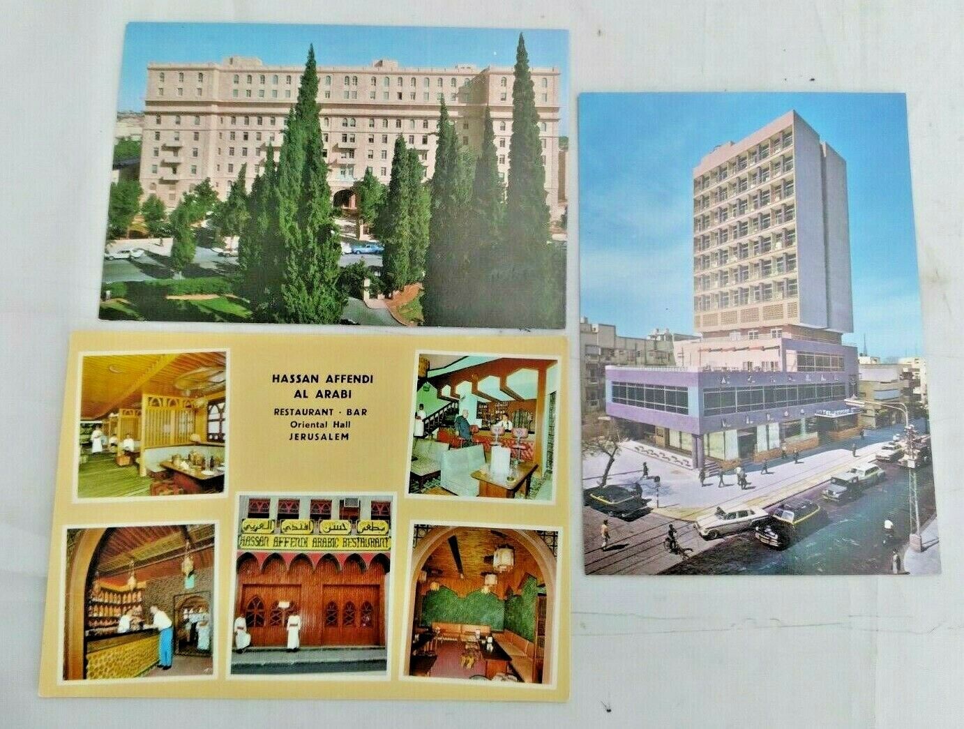 3 Vintage Israel Postcards Hotel Deborah, King David, Arabic Restaurant
