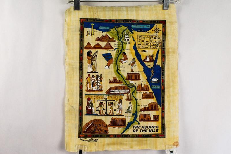 Vintage Hand Painted Egyptian Papyrus Map with Case Treasures Of the Nile Decor