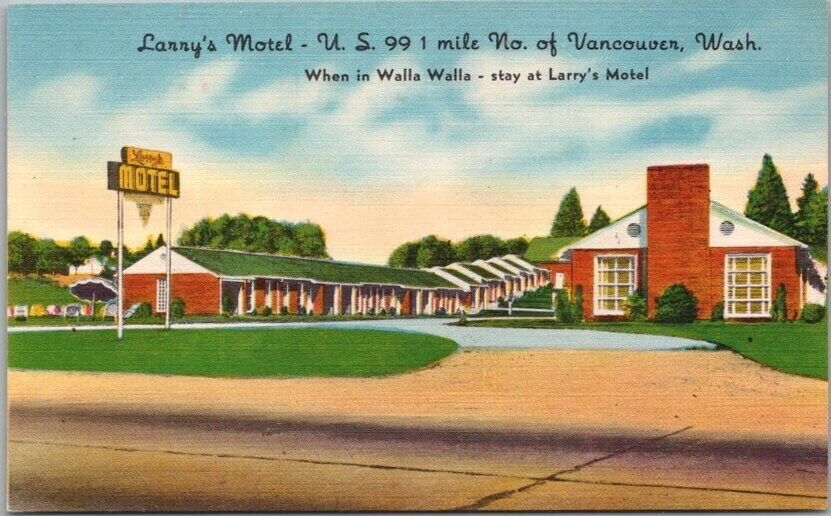 Vancouver, Washington Postcard LARRY'S MOTEL Highway 99 Roadside Linen c1950s