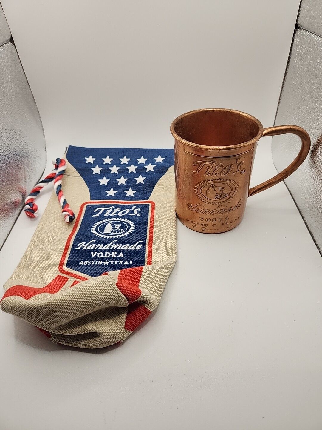 Vintage Titos Handmade Vodka Copper Moscow Mule Mug And Titos Embroidered Bag