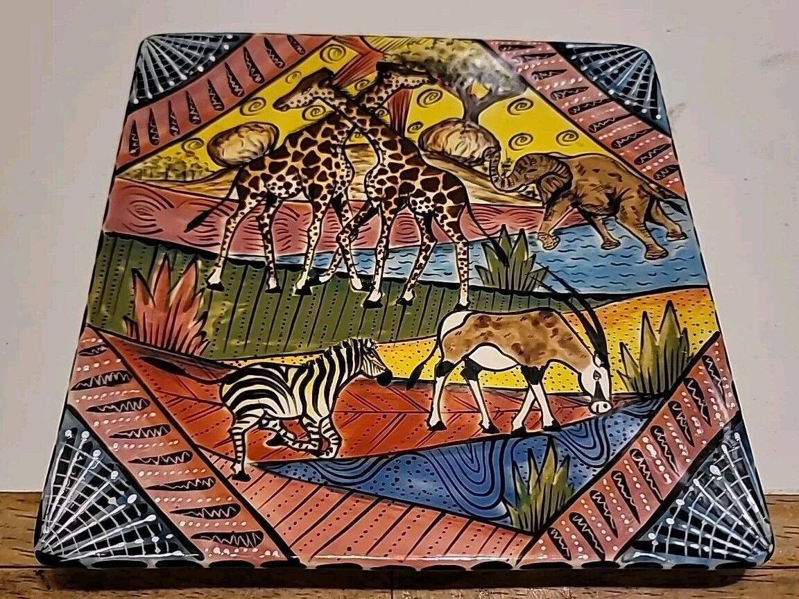 PENZO ZIMBABWE Hand Painted Square Plate Signed Mpoka 2007 Animal Safari