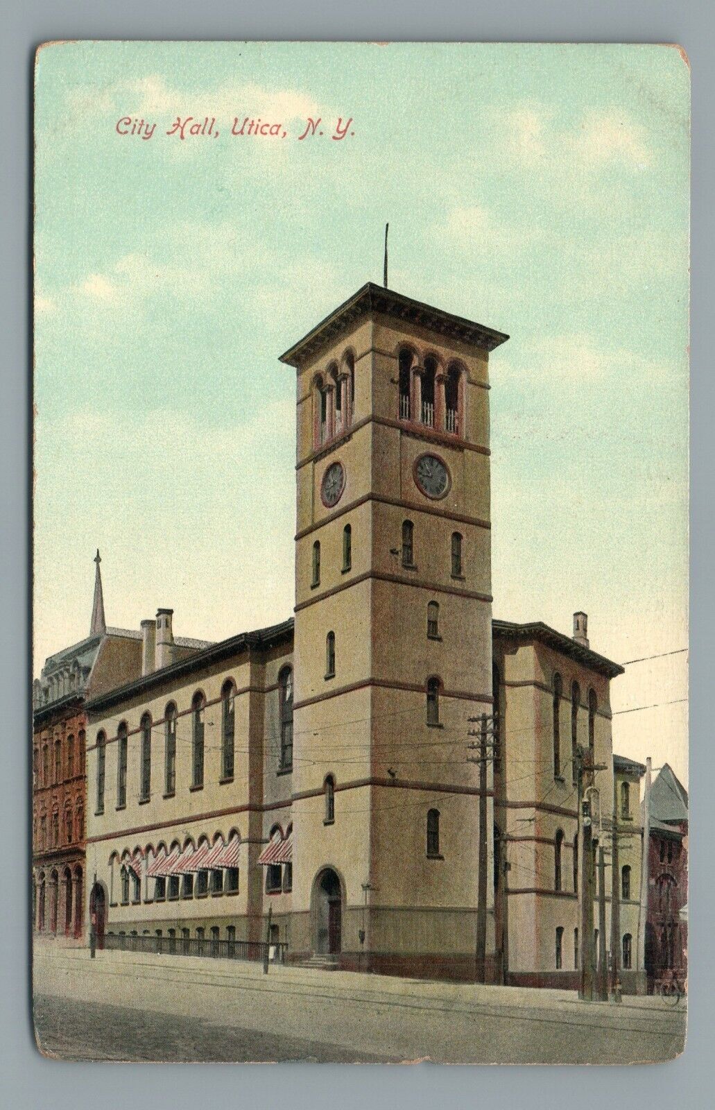 City Hall Utica NY New York Street View Clock Tower Early Vintage Postcard