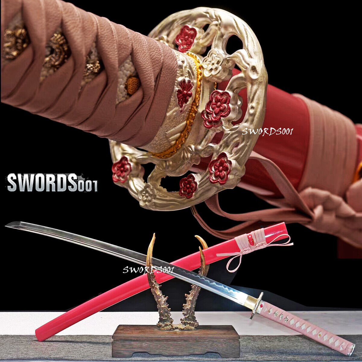 Nice Pink Japanese Sword Samurai Katana Clay Tempered T10 Steel Sakura Tsuba