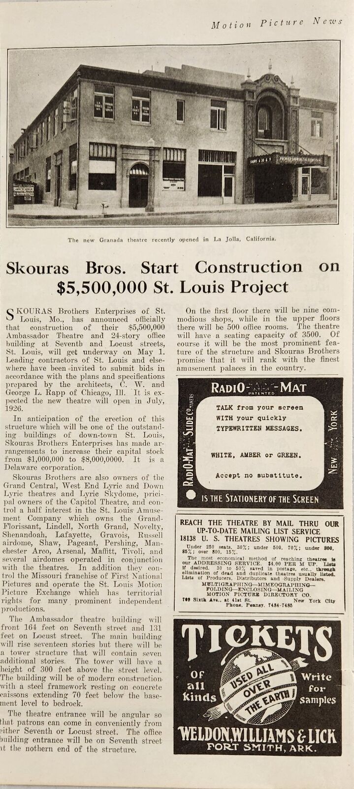 1925 Magazine Photo Article St Louis Construction Co Granada Theatre La Jolla,CA