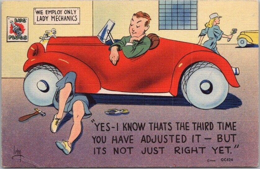 Vintage 1940s Risque Comic Postcard Lady Mechanic Under Car / MWM Linen Unused
