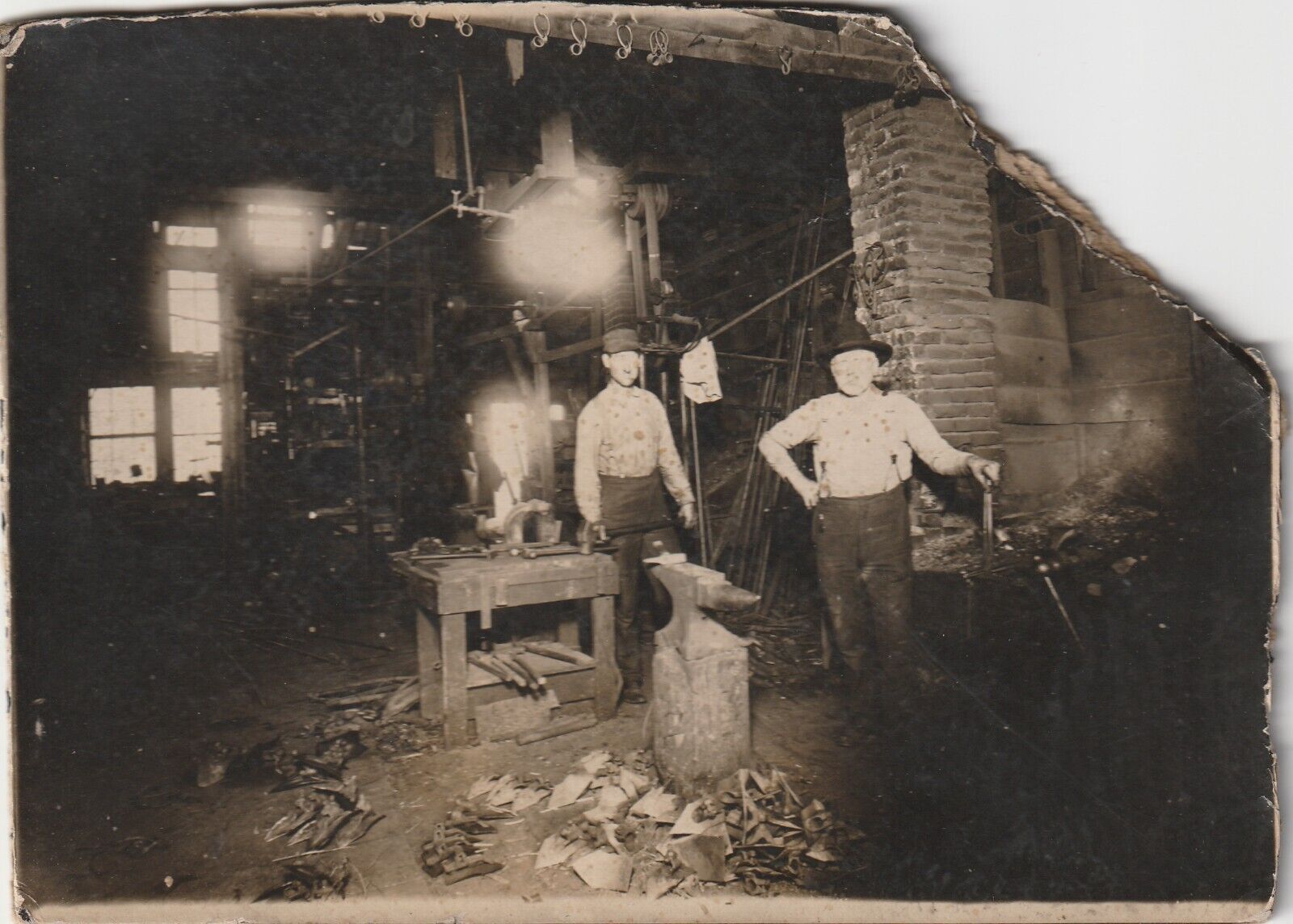 Antique Photo Blacksmiths Shop Anvil 2 Men Man on Left IDed John Roberts