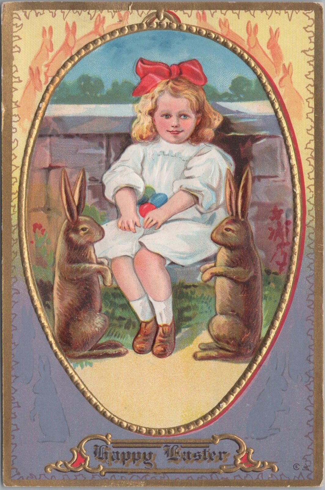 Postcard Happy Easter Brown Rabbits + Little Girl 