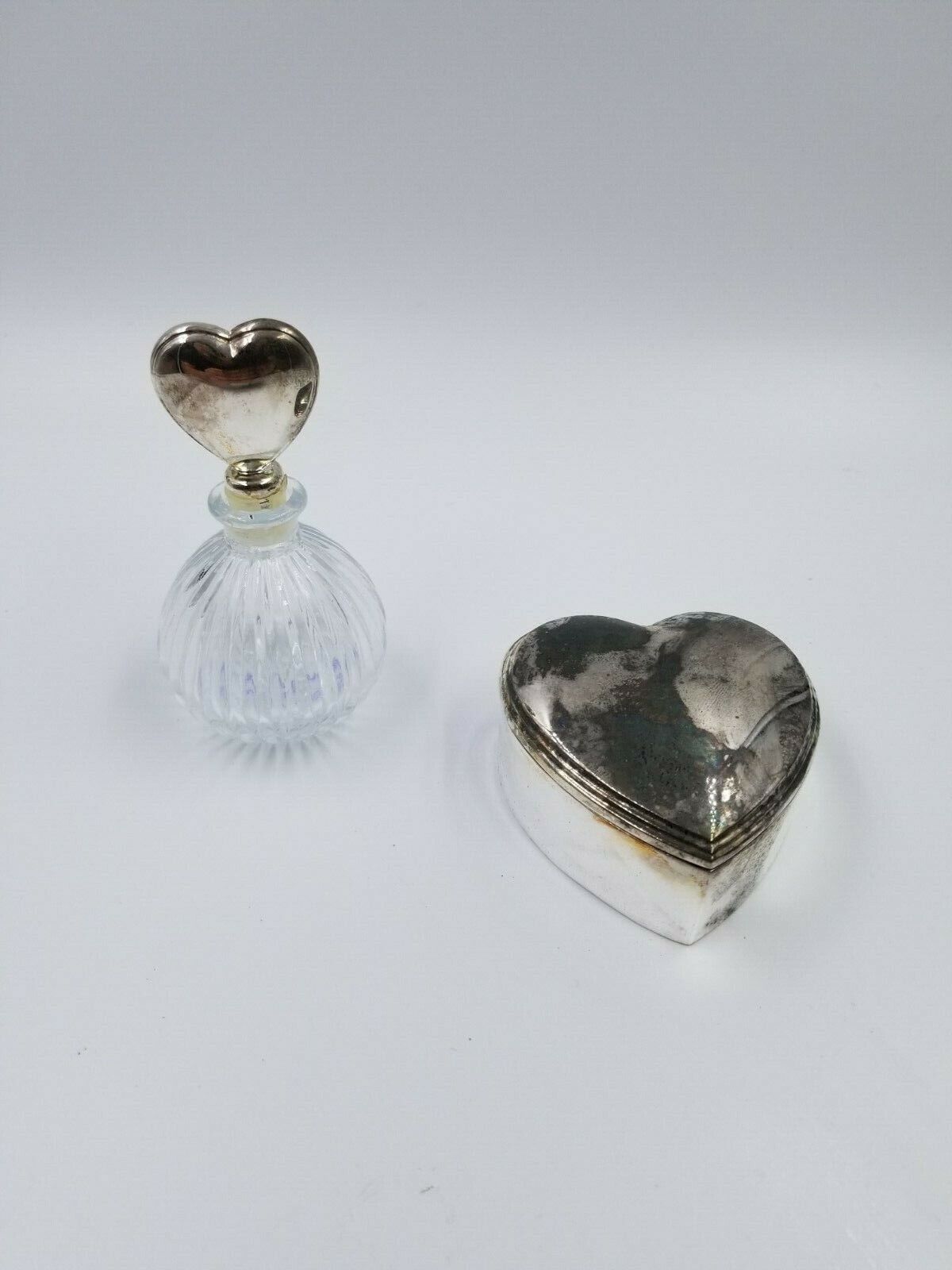 SILVER PLAITED Perfume Bottle and Heart Shaped Trinket Box. Old with Patina.
