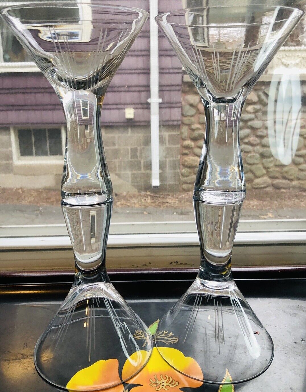 1990's Mid Mod Linear Martini Glass Thick Stem Barware Etch Cocktail Set Of 4