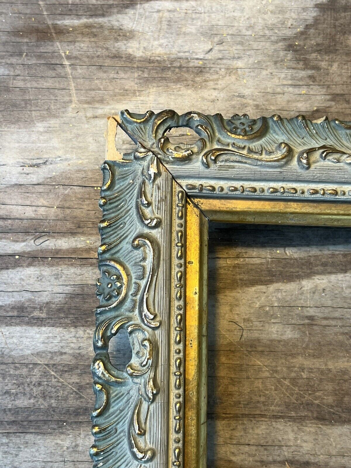 ATQ 1900s School Carved Slotted Gold Gilt Ornate Wood Picture Art Frame 16x20
