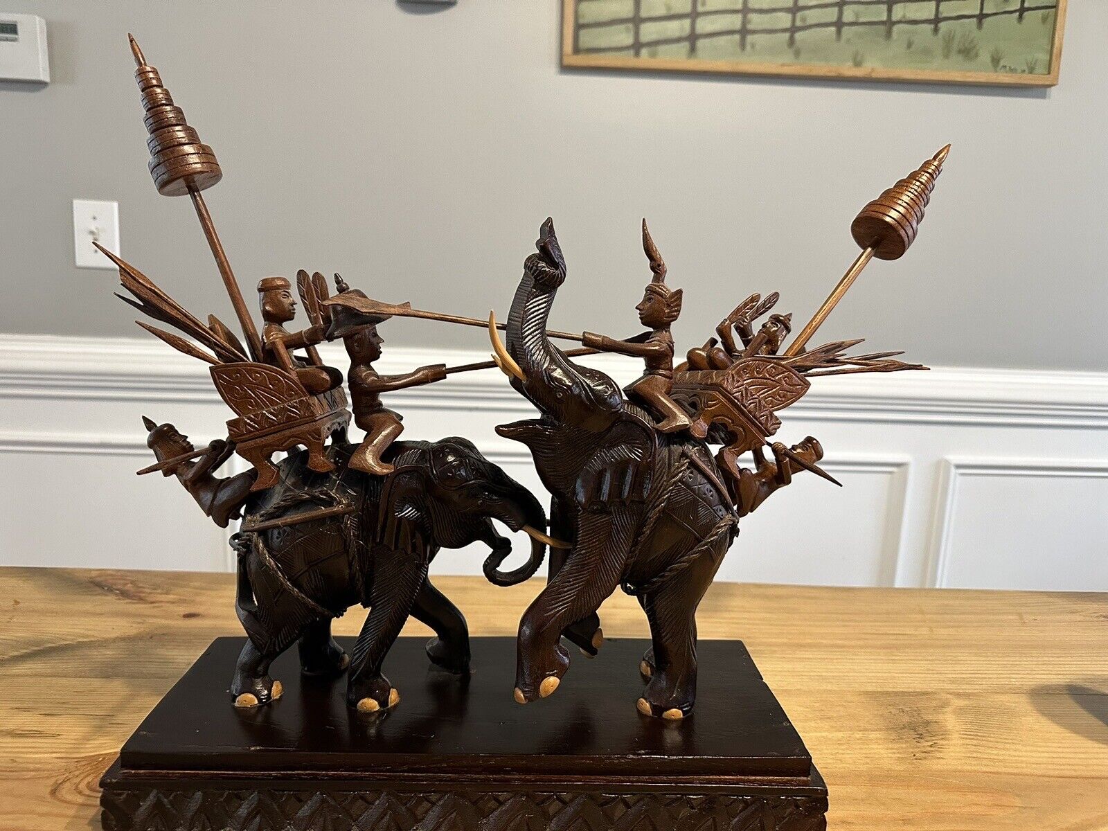 The Battle of Elephants, Vintage Indian Wooden Carved Figurines Joust Battle